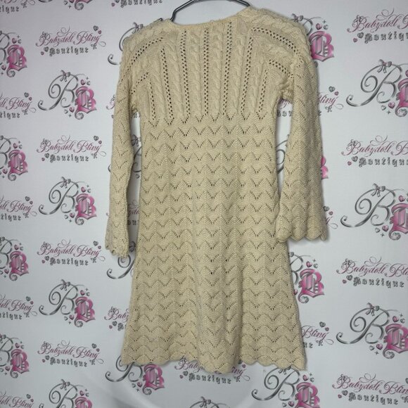 Dress sparkly knit crochet gold beige stretchy shimmer glitter swoop cuffs cute - Picture 3 of 11